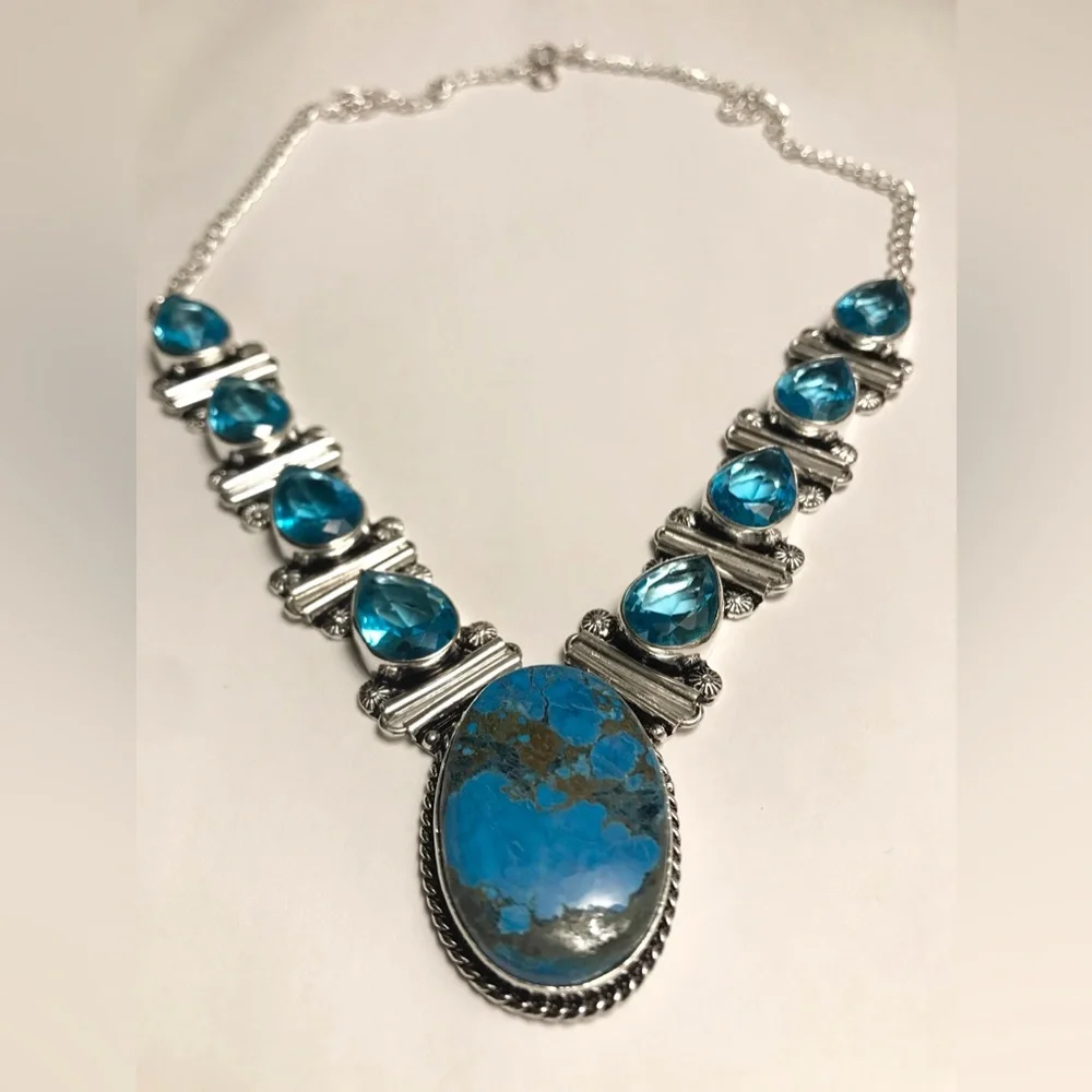 Turquoise Blue Topaz Stamped Solid 925 Sterling Solid Necklace